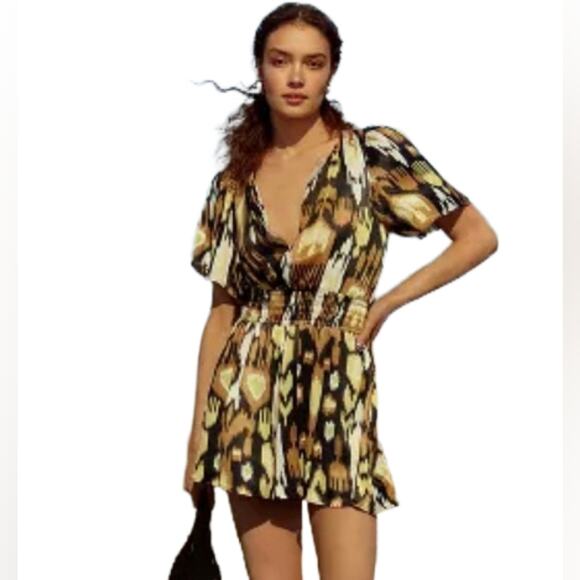 Anthropologie Pants - ANTHROPOLOGIE Somerset Romper In Ikat Print Vacation Boho Tribal Pockets Sz M